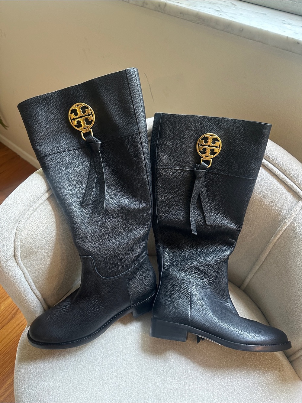 Tory Burch Black Leather Knee-High Boots with Gold Logo Medallion